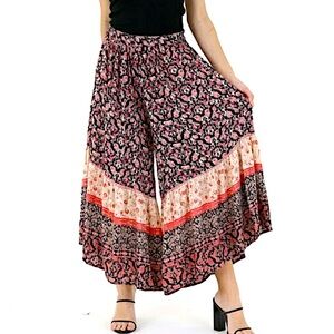 Boho ANGIE Pants Wide Leg High Waist Floral Colorful Flowy Pink Black Size Small